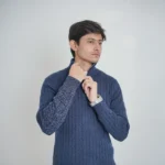 Old money knit cable sweater with zipper (Navy Blue) - Image 2