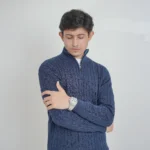 Old money knit cable sweater with zipper (Navy Blue)