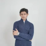 Old money knit cable sweater with zipper (Navy Blue) - Image 3