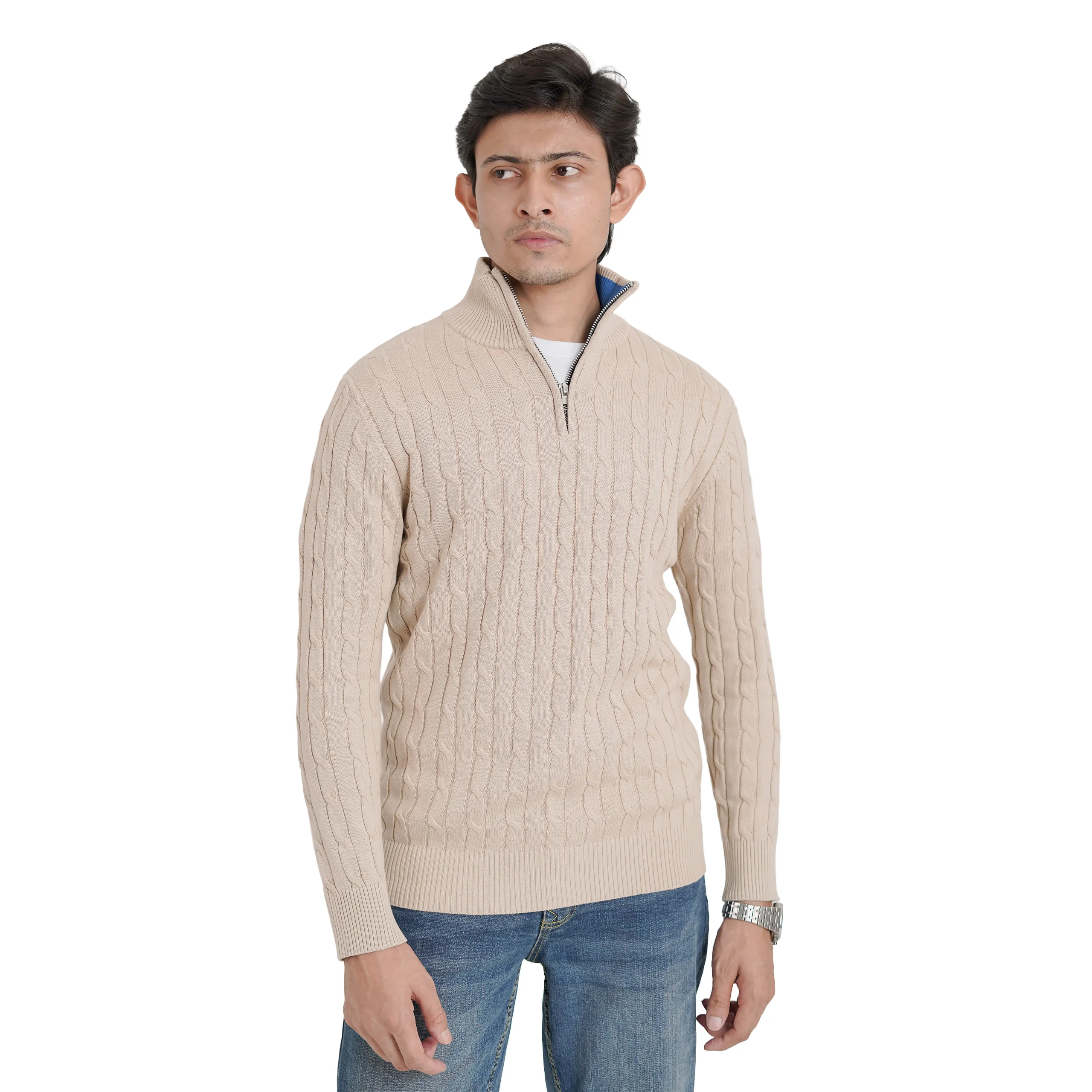 2 Old money knit cable sweater with zipper (Beige) - Image 1