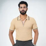Textured Zip-Neck  Old Money Polo Shirt – Sand Beige with Black Trim - Image 4