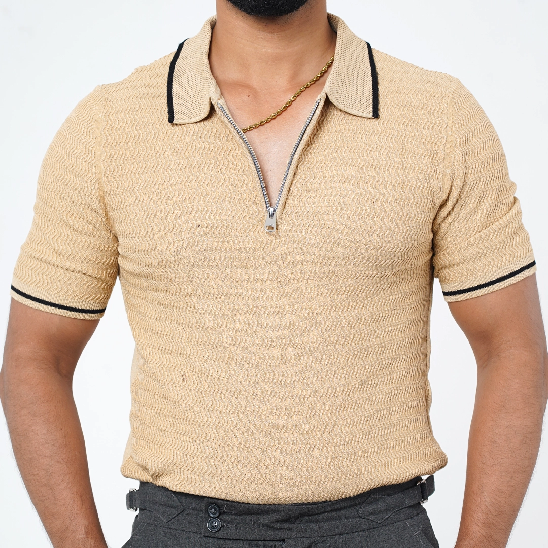 06 Textured Zip-Neck Old Money Polo Shirt – Sand Beige with Black Trim - Image 1