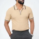 Textured Zip-Neck  Old Money Polo Shirt – Sand Beige with Black Trim - Image 3