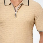 Textured Zip-Neck  Old Money Polo Shirt – Sand Beige with Black Trim - Image 2