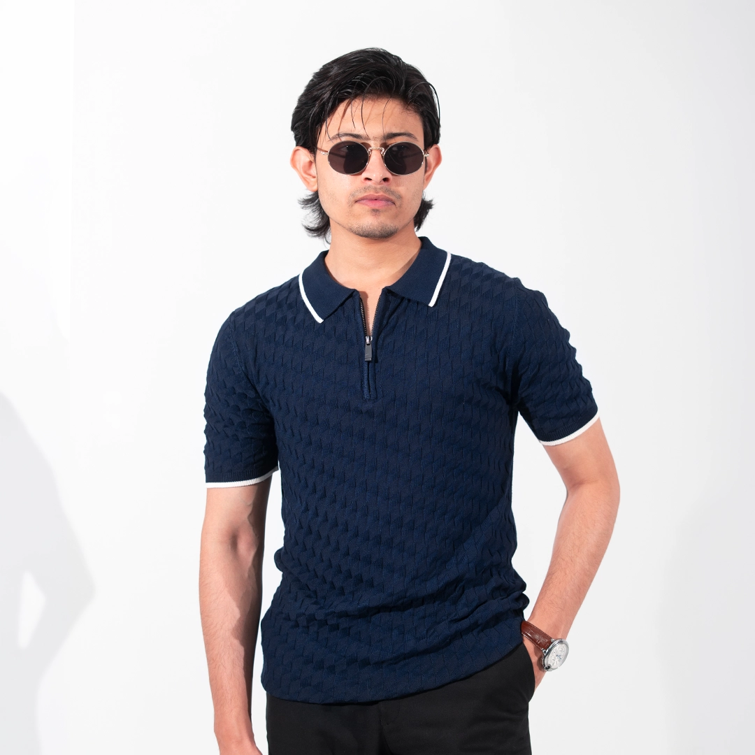 01 Premium Viscose Blend Zipper & Collar Polo Shirt – Soft (Navy Blue), Breathable & All-Season Comfort - Image 1