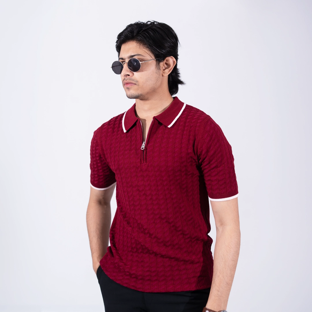 05 Premium Viscose Blend Zipper & collar Polo Shirt – Soft (Maroon), Breathable & All-Season Comfort - Image 1