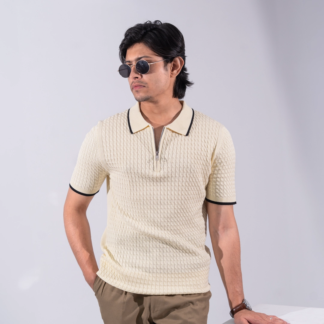 17 Premium Viscose Blend Zipper & Collar Polo Shirt – Soft (Cream Beige), Breathable & All-Season Comfort - Image 1